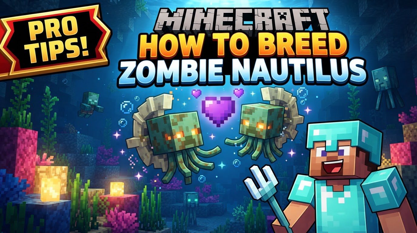 A player riding a tamed Zombie Nautilus through a vibrant underwater coral reef.