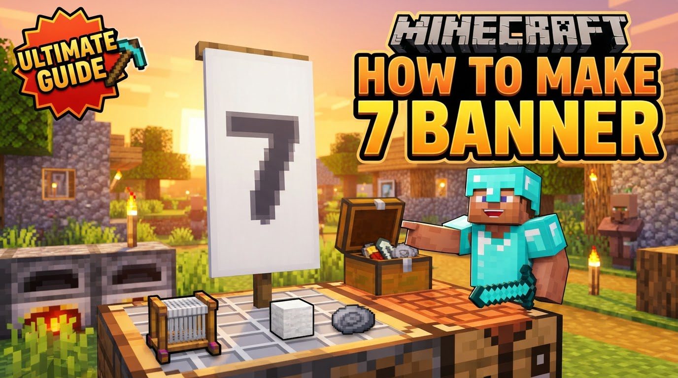 A finished Minecraft banner displaying a bold number 7, likely in black on a white background, hanging on a wall in a Minecraft world.