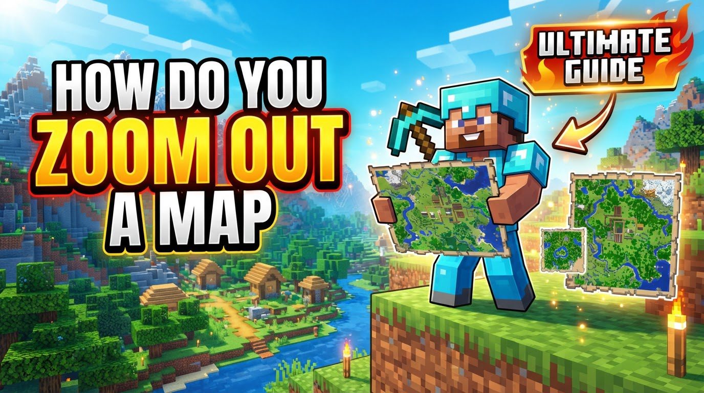 A player holding a large, zoomed-out map showing various biomes and structures in a Minecraft world.