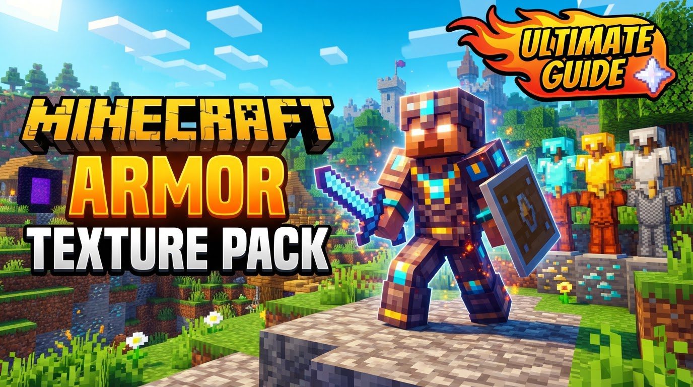 A Minecraft character wearing custom-designed diamond armor with intricate patterns and unique colors, standing in a lush green field under a clear blue sky.