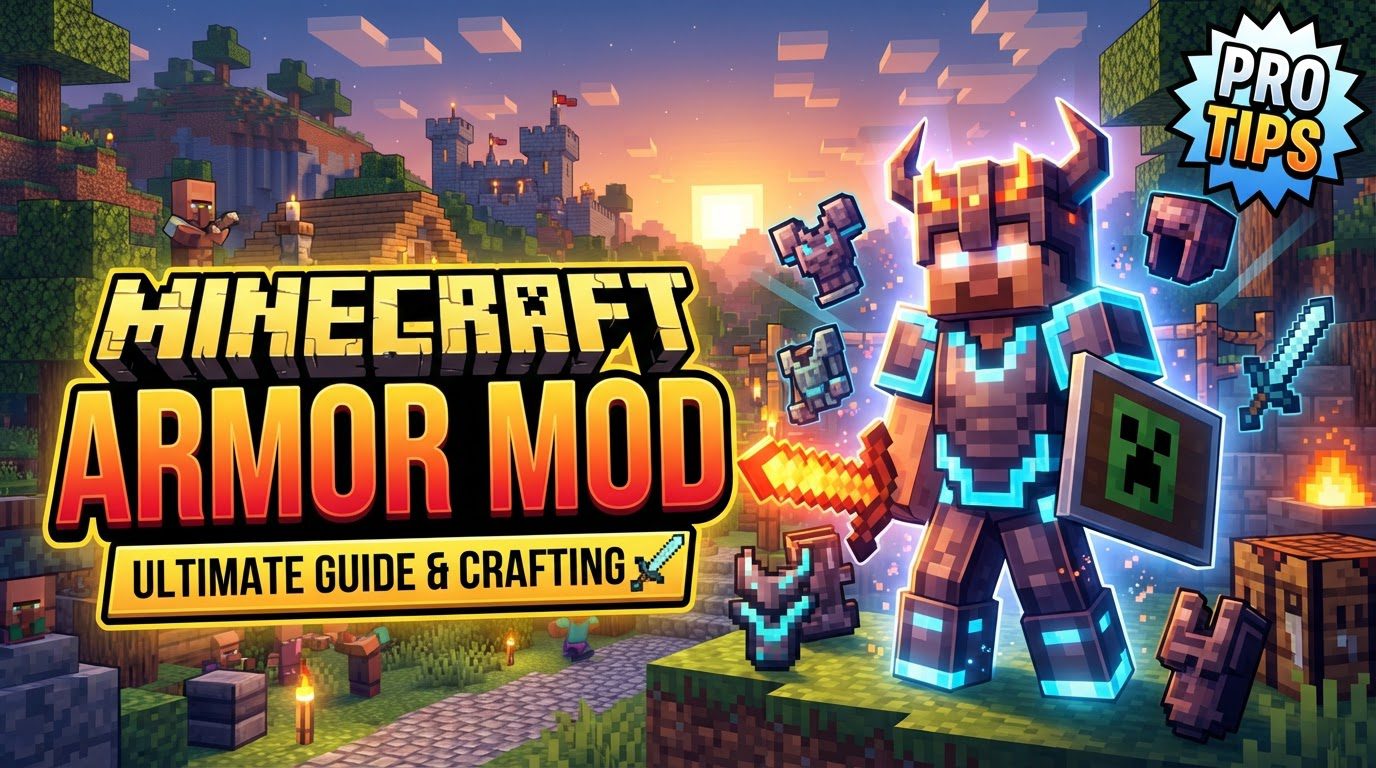 A Minecraft player character wearing an elaborate, highly detailed fantasy armor set, standing in a lush, modded biome.