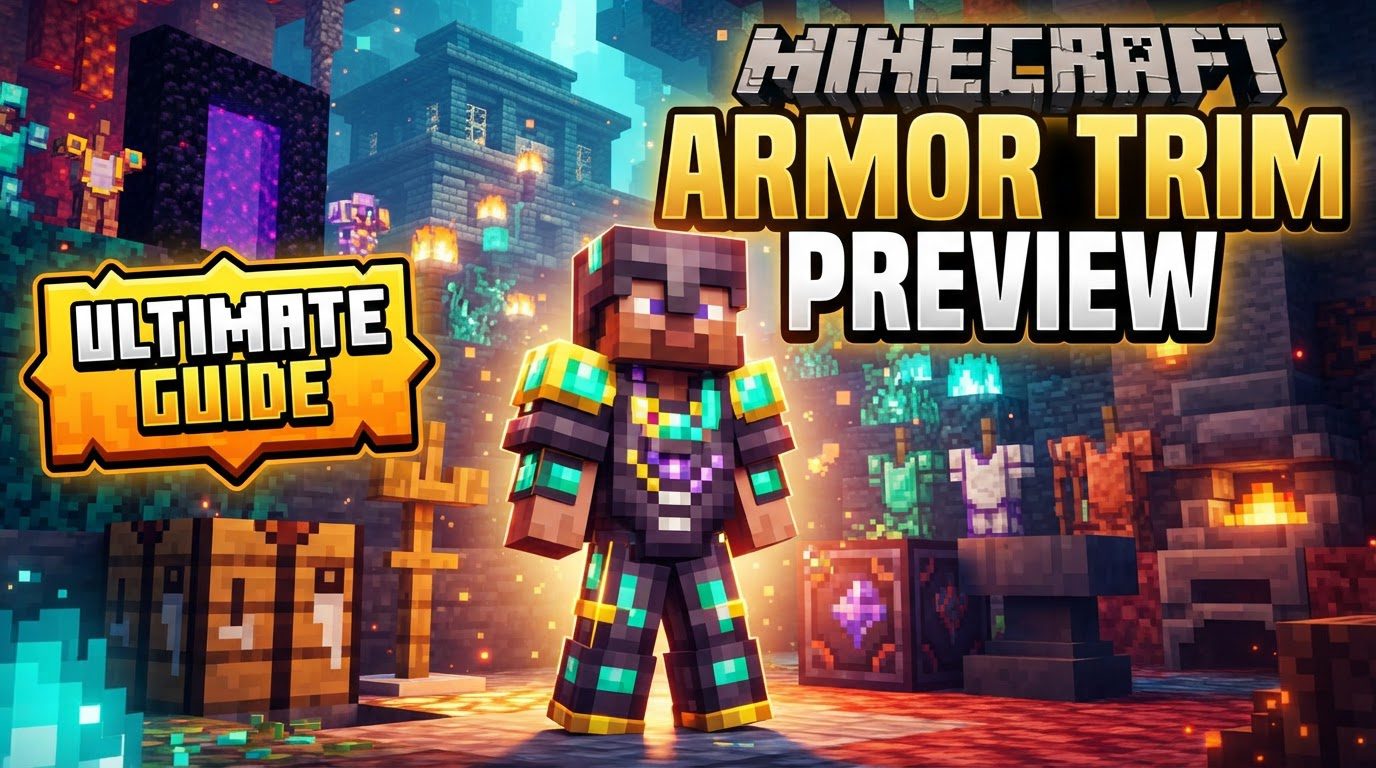 A player character in intricately trimmed Netherite armor stands proudly before a Smithing Table, showcasing a variety of colorful trim designs.