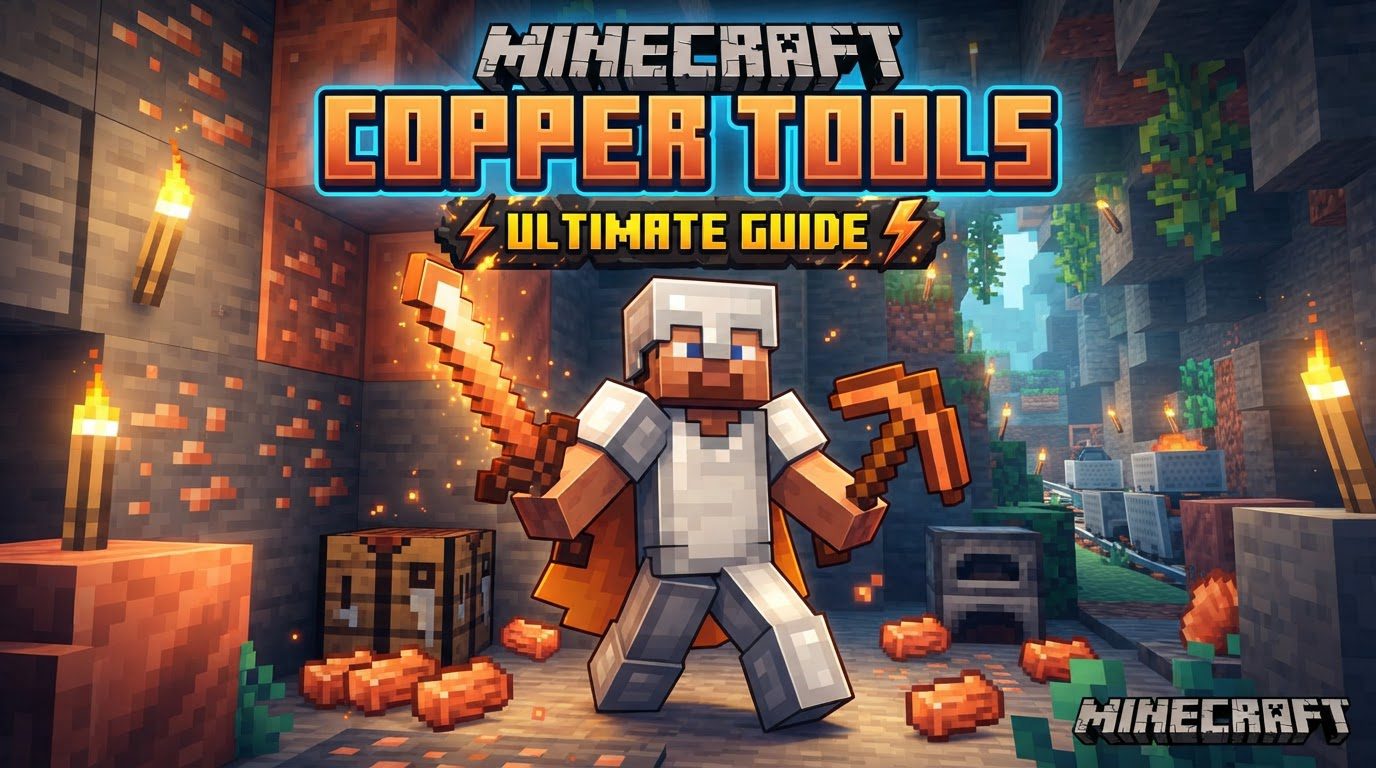 A player holding a copper pickaxe standing in a dripstone cave, surrounded by copper ore veins.