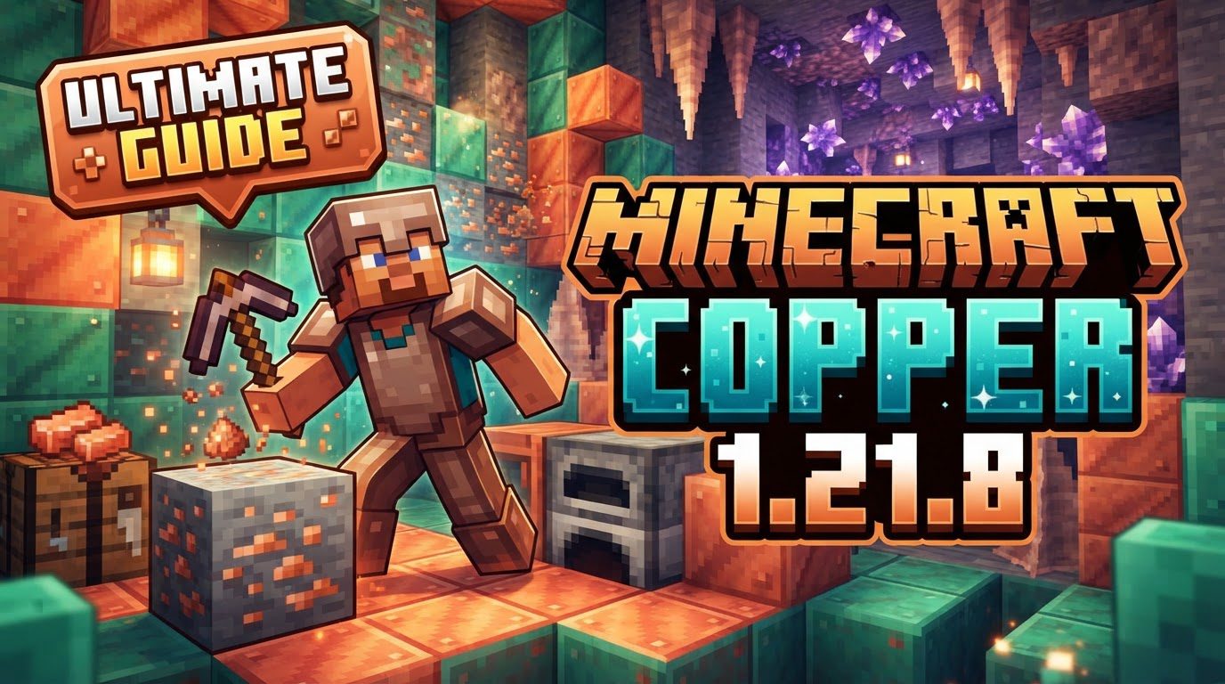 A grand Minecraft build featuring a large copper-domed structure with various stages of oxidation, surrounded by copper golems sorting items into copper chests, and glowing copper bulbs illuminating the scene.