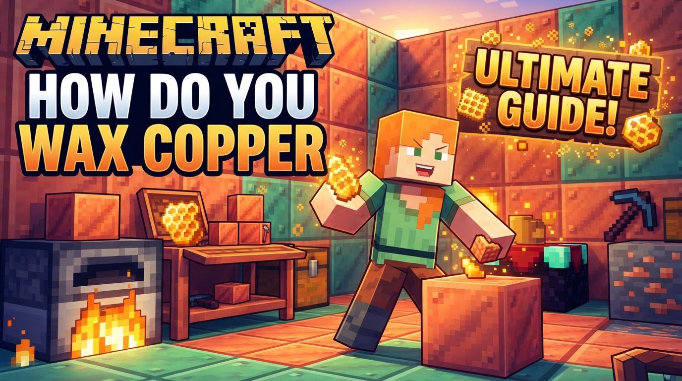 A player holding honeycomb, right-clicking on a bright orange copper block in a detailed Minecraft build.