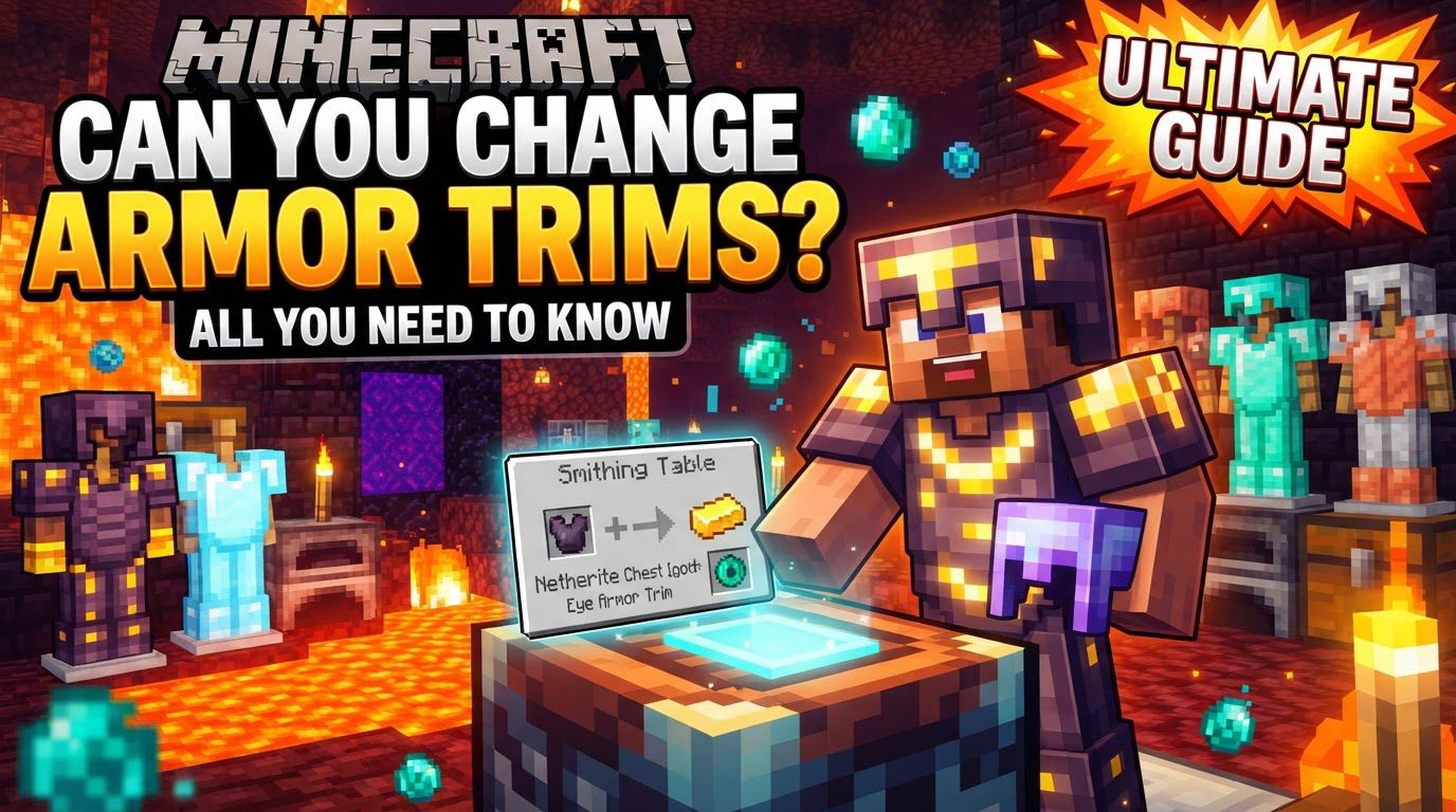 A player character standing in a vibrant Minecraft world, showcasing a full set of diamond armor adorned with intricate, glowing gold trims.