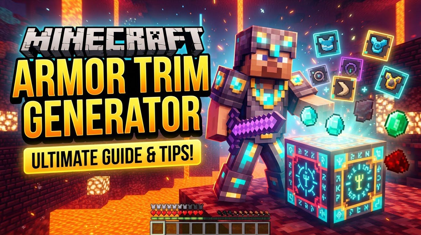 A 3D model of a Minecraft player character wearing diamond armor with a gold trim, displayed on an online armor trim generator.