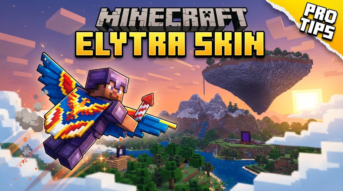 A player character in Minecraft soaring through a sunset sky with intricately designed custom Elytra wings.