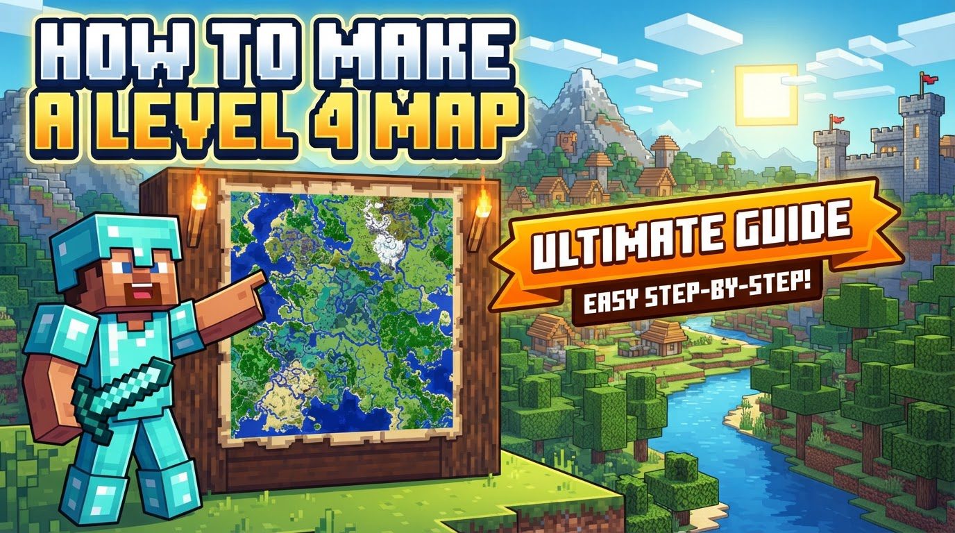 A player holding a large, fully zoomed-out Minecraft map displaying a diverse landscape with mountains, forests, and a distant ocean.