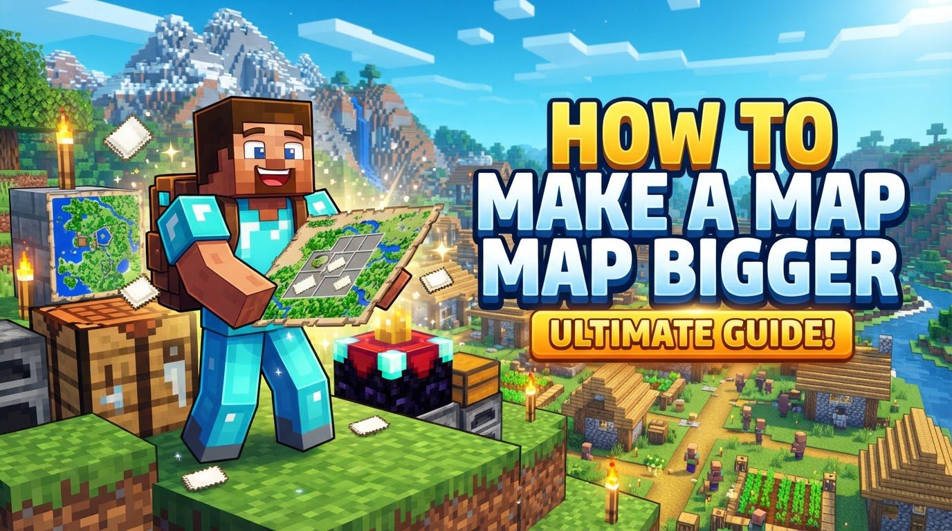 A player standing in front of a Cartography Table, holding an expanded map, with a larger map wall visible in the background.