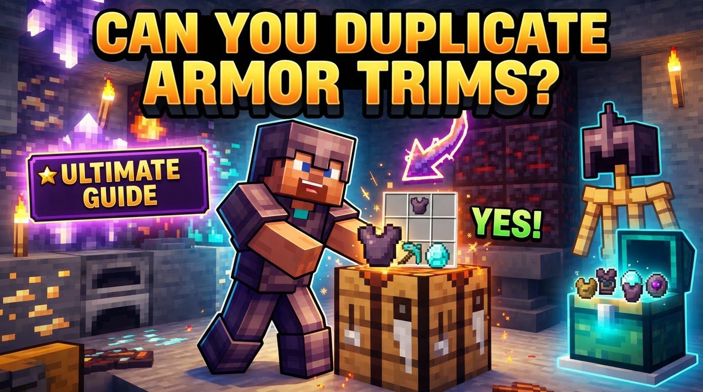 A player character stands in front of a crafting table, surrounded by stacks of diamonds and various blocks, with a smithing template icon visible in their hand.