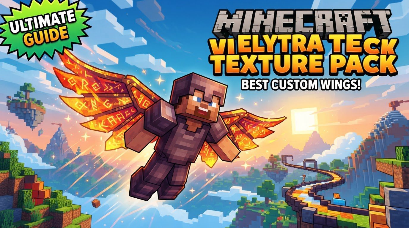 A player character soaring through a Minecraft sky at sunset, wearing custom-designed Elytra wings with intricate patterns.