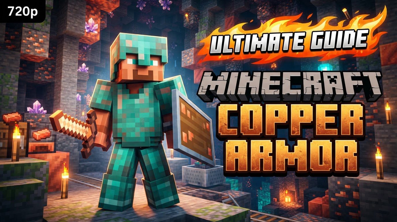 A player character in a full set of shiny copper armor stands proudly in a lush Minecraft valley.
