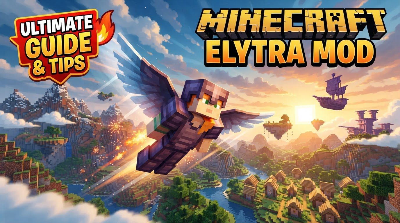 A Minecraft player character soaring through the sky with customized, glowing Elytra, leaving a trail.