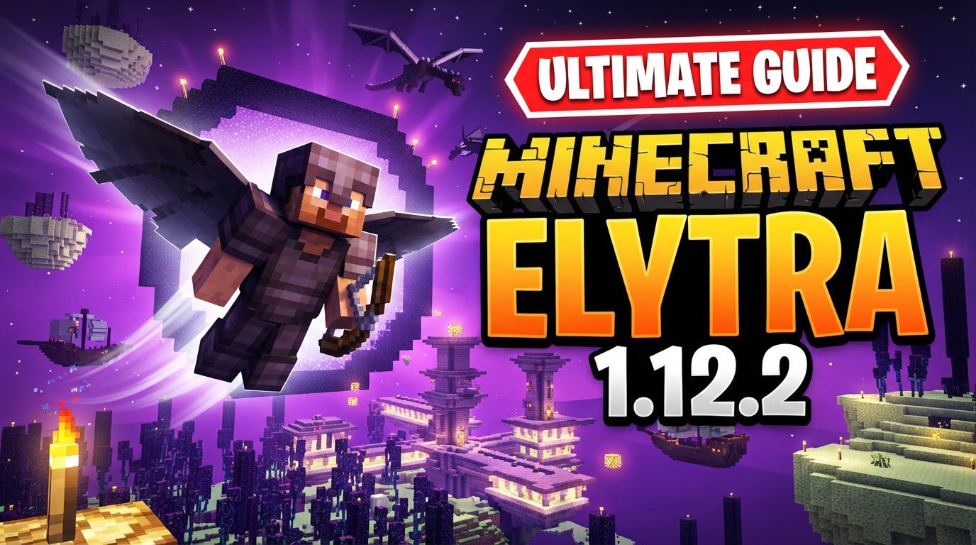 A player character in Minecraft soaring through the air using Elytra wings, with firework rockets propelling them over a vast landscape of mountains and forests.