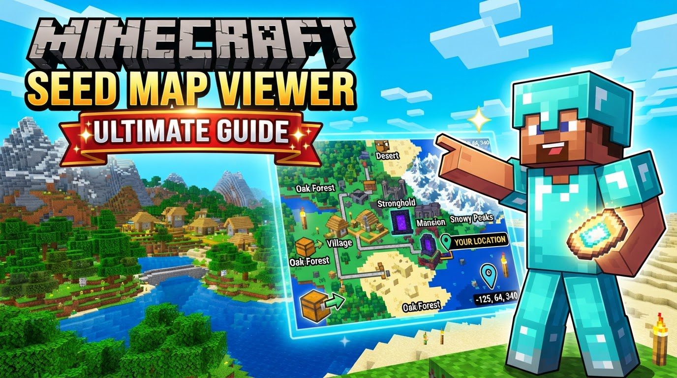 A detailed 2D map of a Minecraft world displayed on a computer screen, showing various biomes, structures, and coordinates.