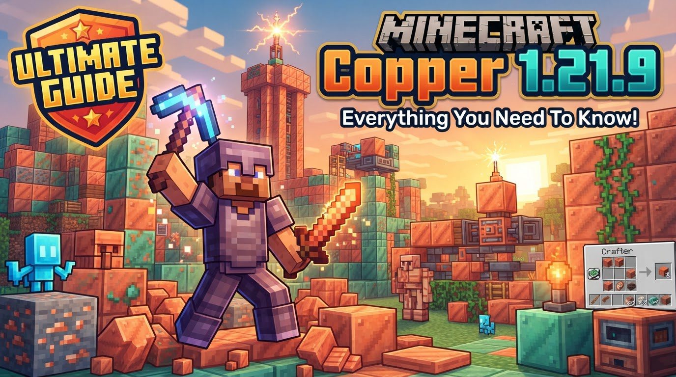 A Copper Golem stands next to a Copper Chest filled with items, with a row of different oxidized copper blocks in the background and a player observing.