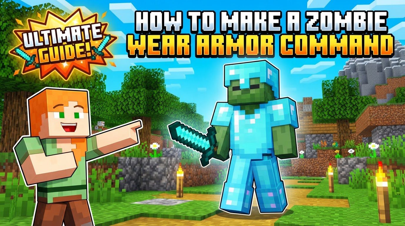 A fully armored zombie wearing diamond armor and holding a diamond sword, standing in a grassy Minecraft world.