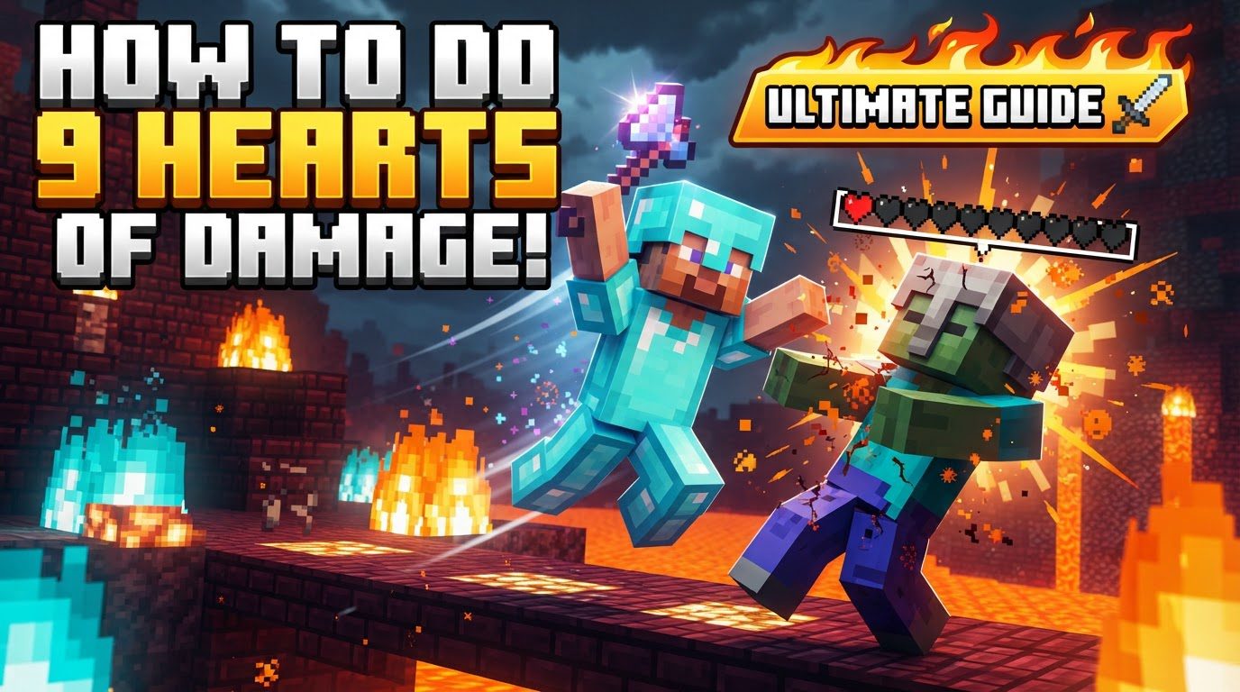 A Minecraft player in full Netherite armor, mid-jump, swinging an enchanted Netherite axe at a zombie, with potion particles glowing around them.