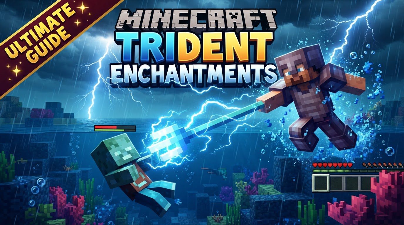 A player holding an enchanted Trident, with lightning striking a distant Creeper during a thunderstorm.
