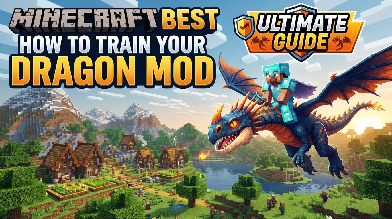 A player flying on the back of a majestic dragon over a vast Minecraft landscape, with mountains and forests below.
