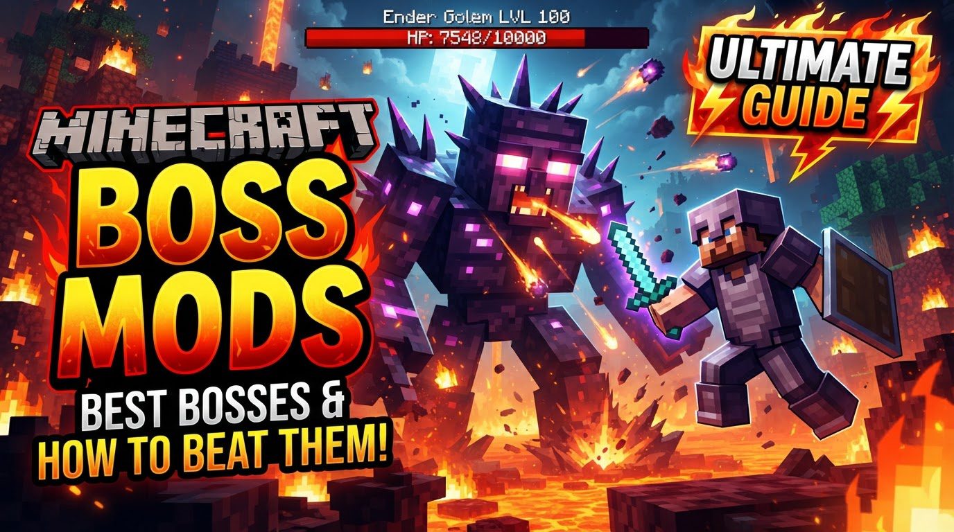 A group of Minecraft players in enchanted gear battling a large, multi-headed dragon boss in a custom, lava-filled arena.