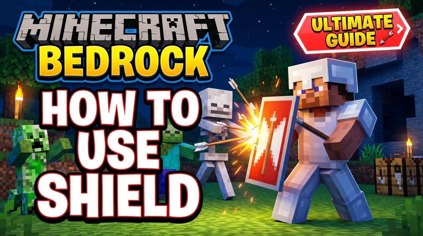 A Minecraft player in full armor, holding a shield up to block an incoming arrow from a skeleton.