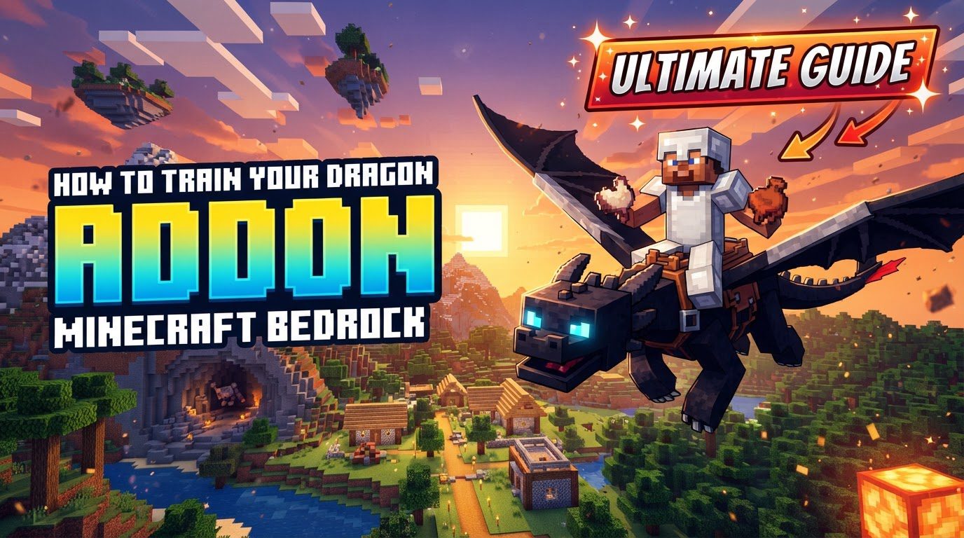 A player flying on the back of a large, blue dragon over a lush Minecraft landscape at sunset.