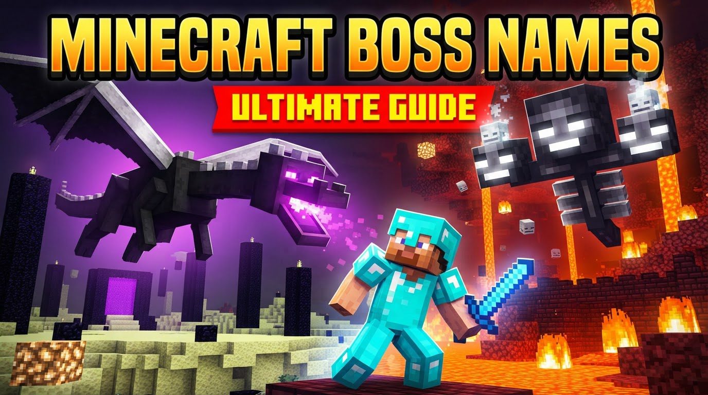 A collage of the four Minecraft bosses: The Ender Dragon flying in the End, The Wither exploding, an Elder Guardian swimming in an Ocean Monument, and The Warden standing in a Deep Dark Ancient City.