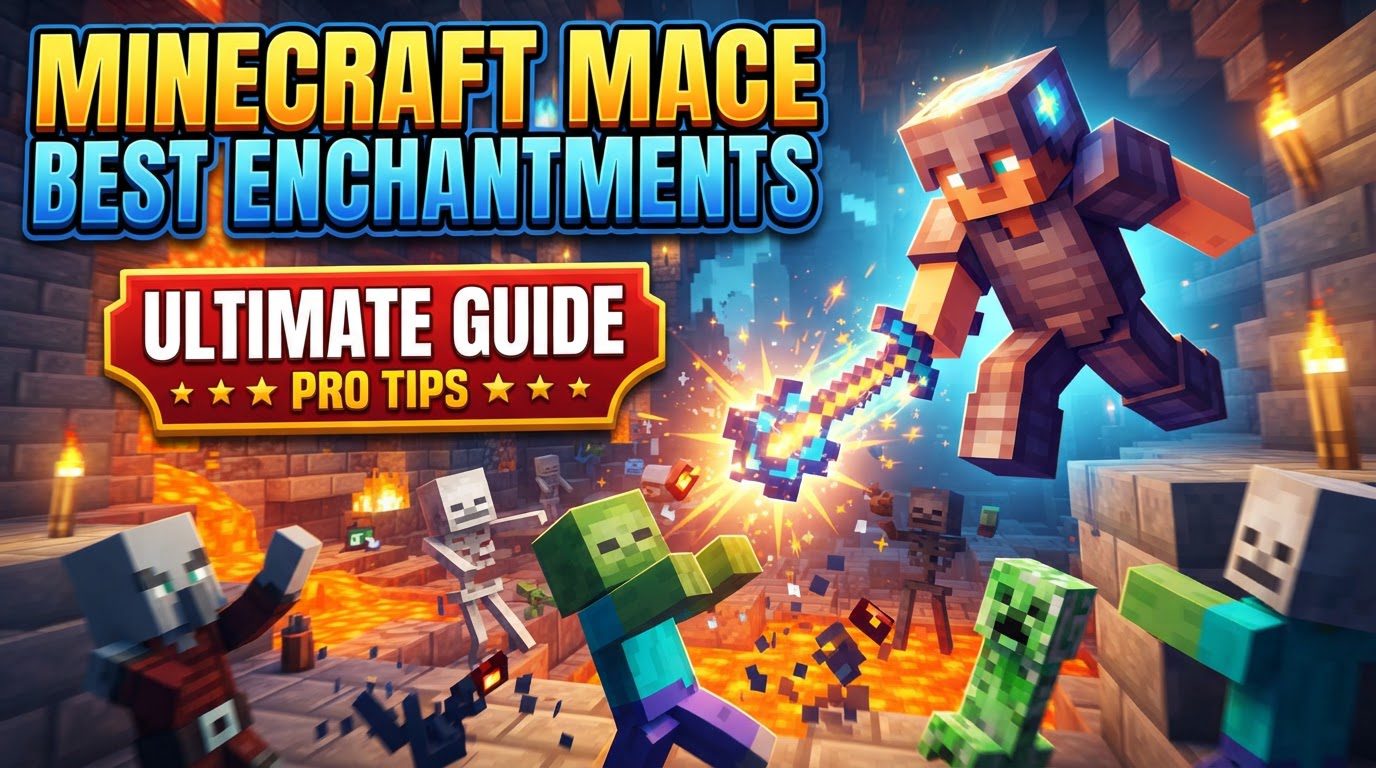 A player in diamond armor wielding an enchanted Mace, preparing to strike a group of zombies from a high ledge.