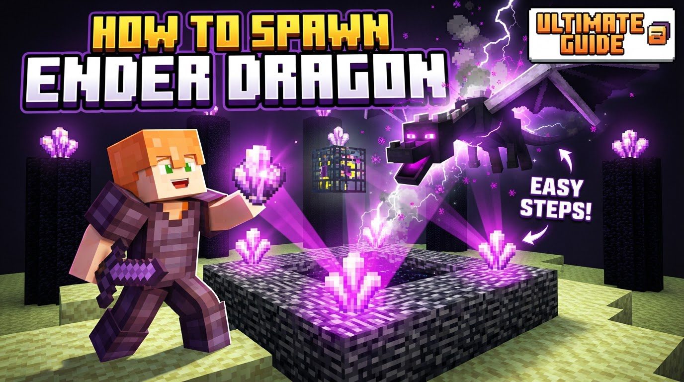 A player placing the final End Crystal on the bedrock structure in The End, with the central exit portal visible, just before the Ender Dragon respawns.