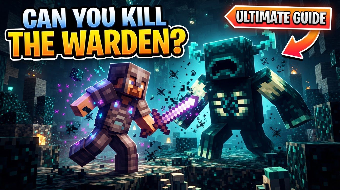 A player in full Netherite armor, bow drawn, standing atop a pillar of cobblestone, aiming at a glowing Warden below in the dark Deep Dark biome.