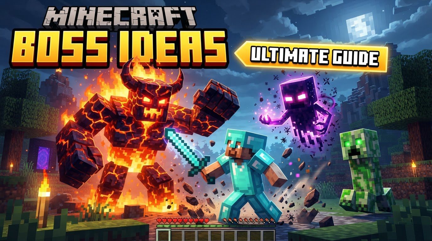 A formidable custom Minecraft boss, possibly a heavily armored Wither Skeleton, stands in a dark, custom-built arena, its health bar prominently displayed at the top of the screen.