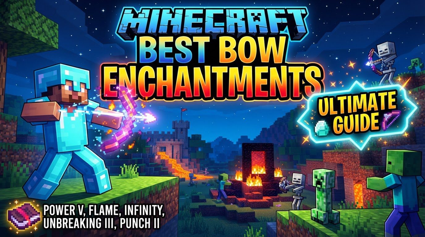A player in diamond armor firing an enchanted bow at a hostile mob in a dark cave.