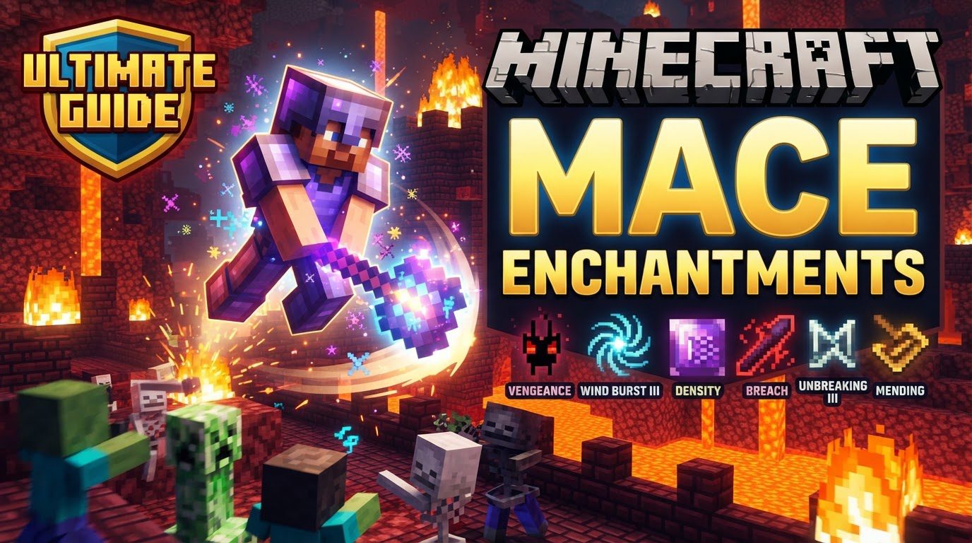 A player in diamond armor wielding an enchanted Mace, mid-air above a group of hostile mobs, about to land a powerful smash attack.
