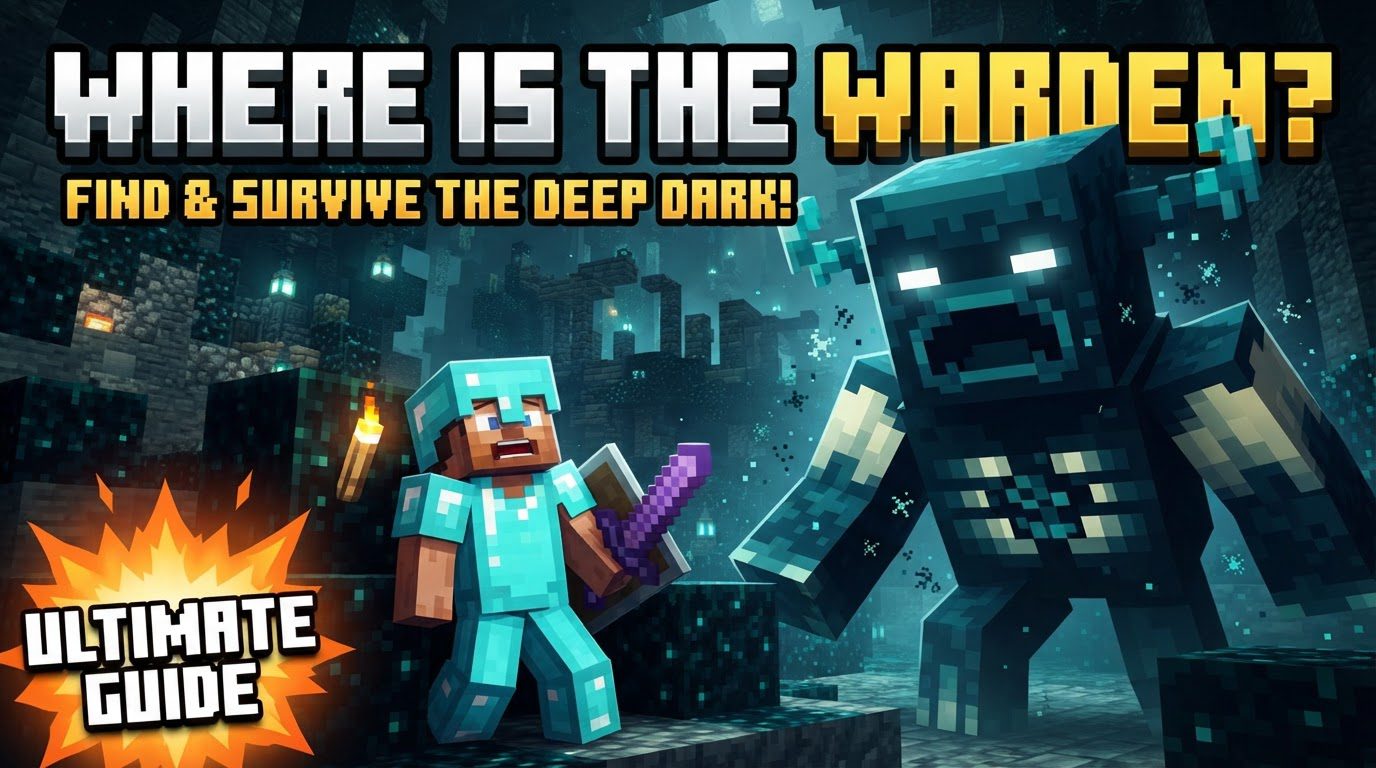 A player sneaking past a towering Warden in a dimly lit Ancient City.
