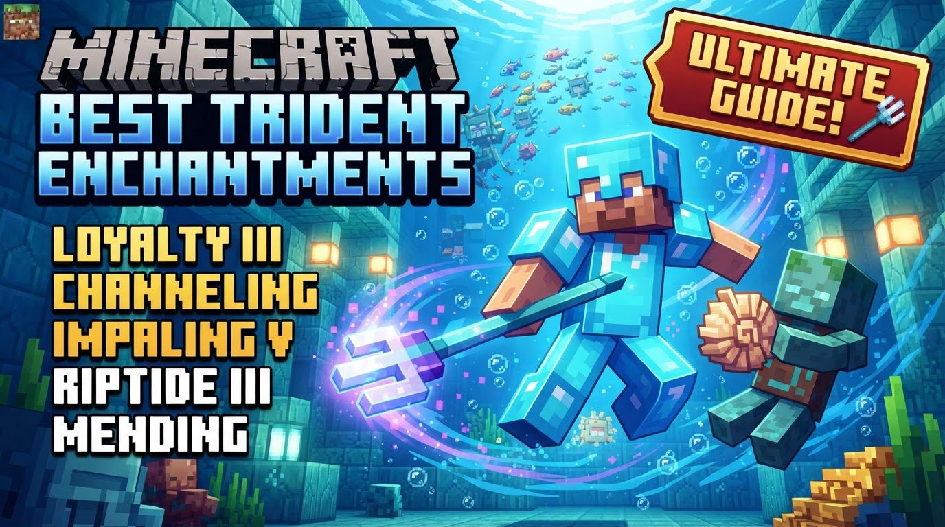 A player standing in the rain, holding an enchanted trident with lightning striking a creeper in the distance.