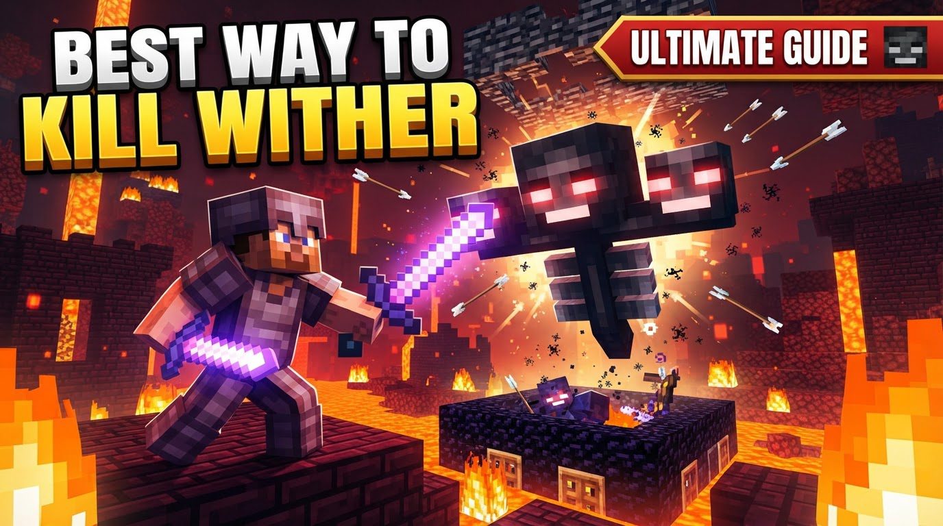 A player in Netherite armor fighting the Wither with Iron Golems in a deep underground tunnel.