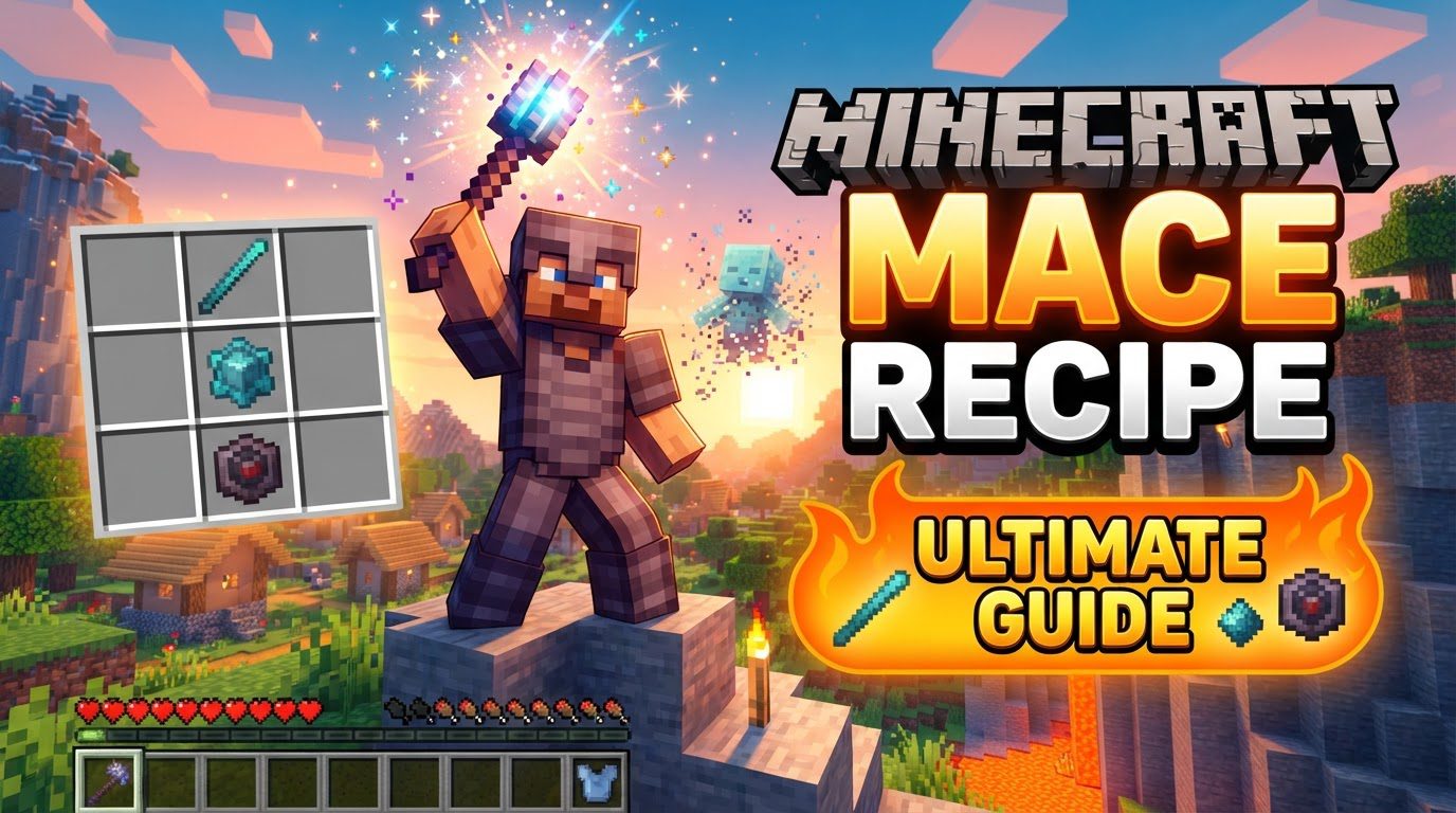 A player in Minecraft wielding a Mace, mid-air, about to land a powerful smash attack on a mob below from a great height.