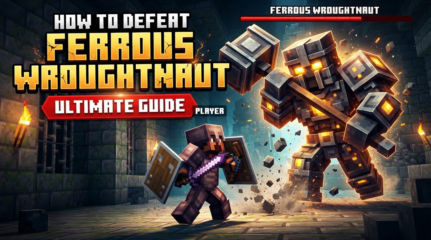 A player in enchanted diamond armor sprinting behind the massive, axe-wielding Ferrous Wroughtnaut as its axe is stuck in the ground.