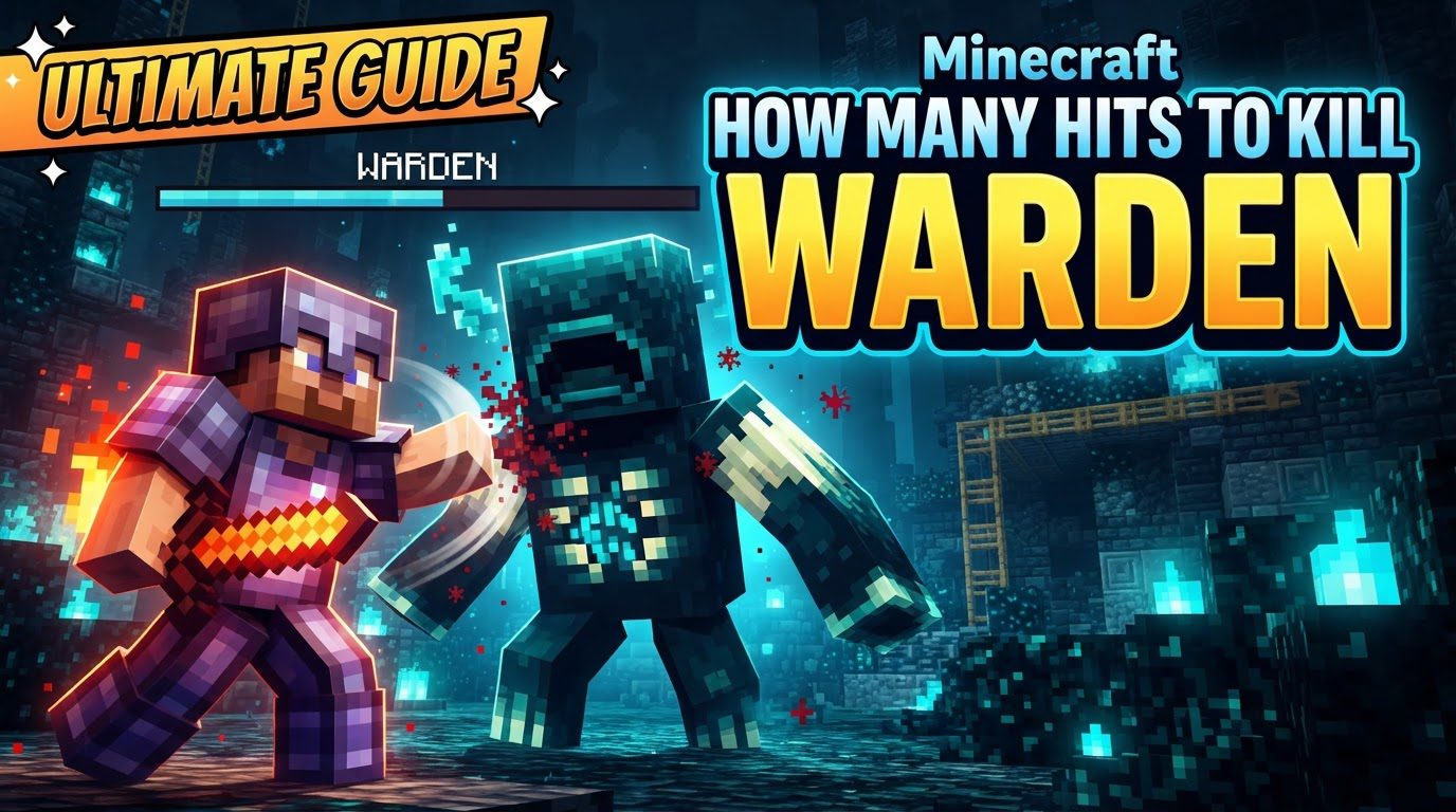 A player in full Netherite armor aims a Power V bow at a glowing Warden in a dark ancient city, surrounded by sculk blocks.