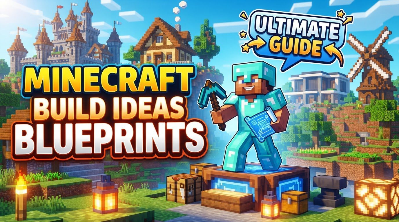 A detailed, layered blueprint diagram of a fantasy castle with material lists and block-by-block instructions, superimposed over a Minecraft world.