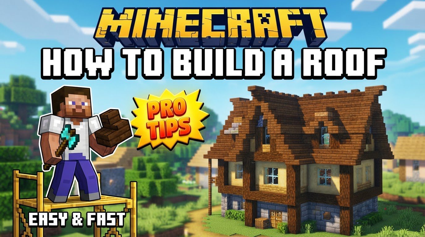 A detailed Minecraft house with a multi-tiered roof made of dark oak and stone, featuring overhangs and a small dormer window.