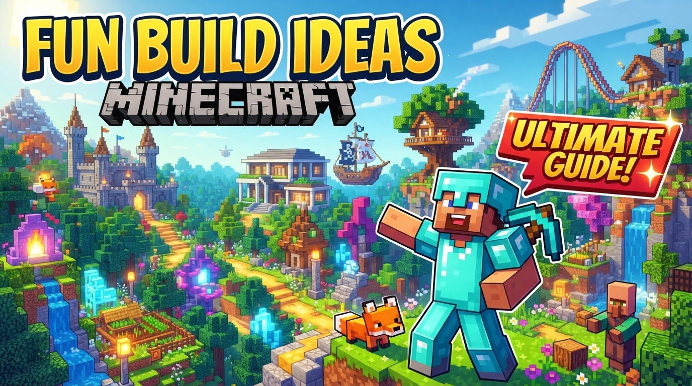 A vibrant, detailed Minecraft village with diverse architectural styles, lush gardens, and custom trees under a clear sky.
