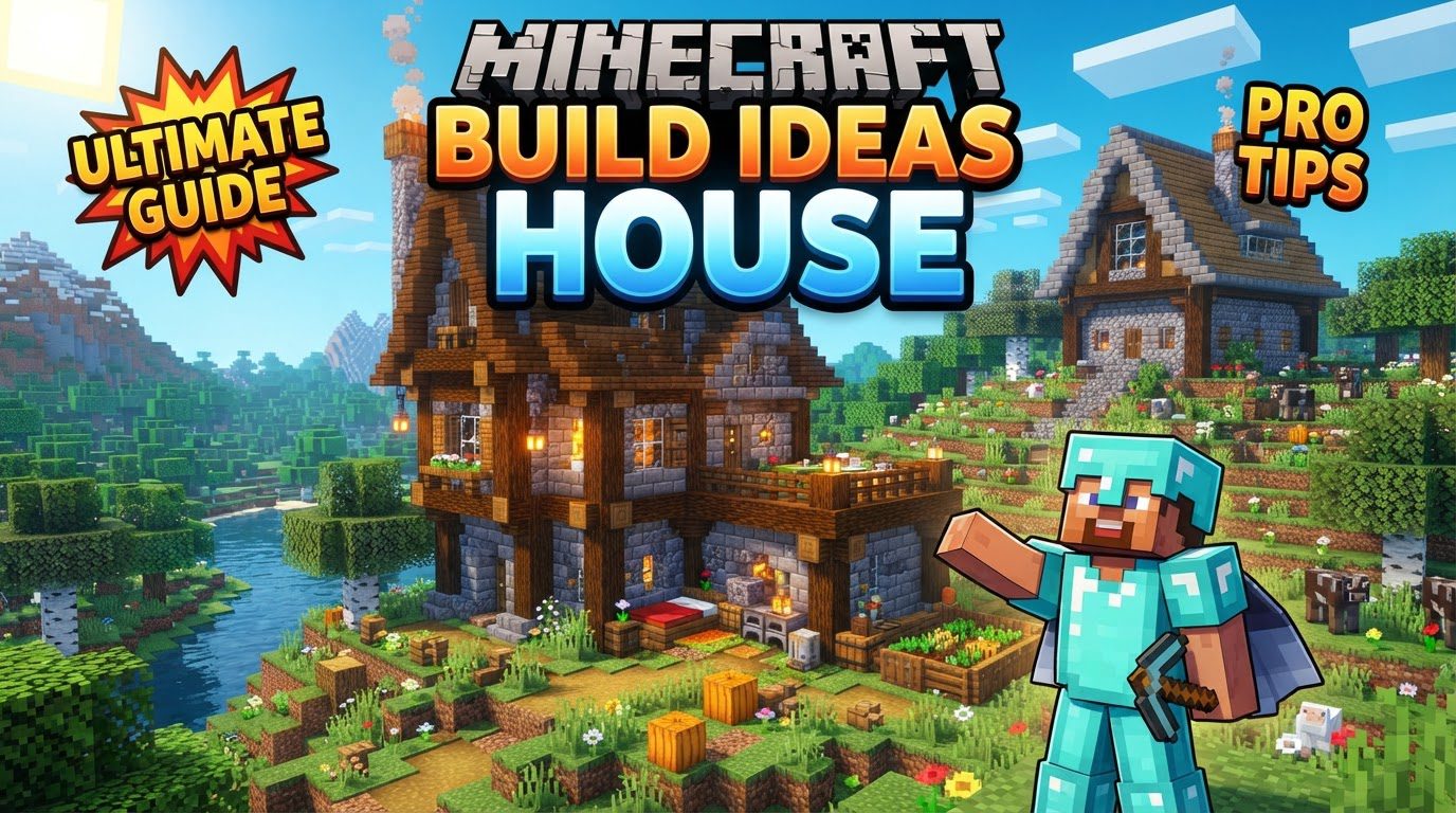 A diverse collection of Minecraft houses, from a simple wooden cabin to a multi-story stone mansion, showcasing various architectural styles and details.