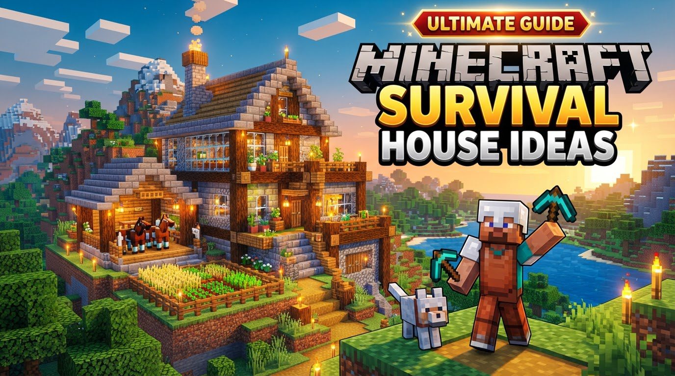 A cozy wooden Minecraft house at dusk, with a lit window and a small garden of crops in front.