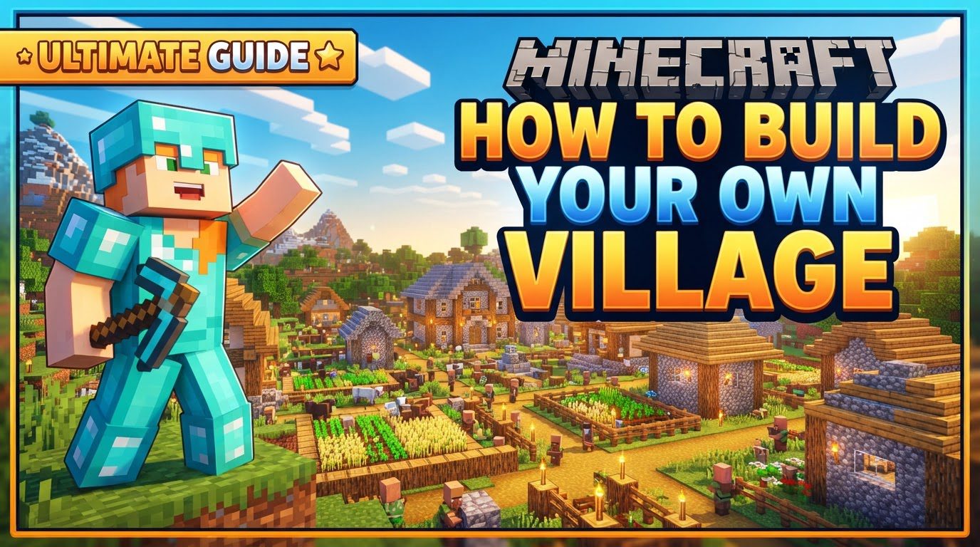 A bustling Minecraft village enclosed by tall stone walls, featuring multi-storied houses, a central market, and pathways, with villagers milling about.