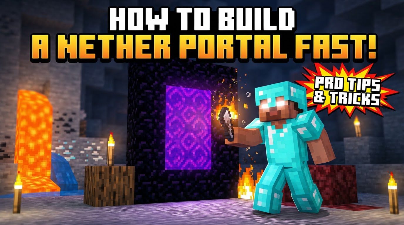 A player standing in front of a newly lit Nether Portal, constructed using the water-lava method, with a lava pool visible in the background.