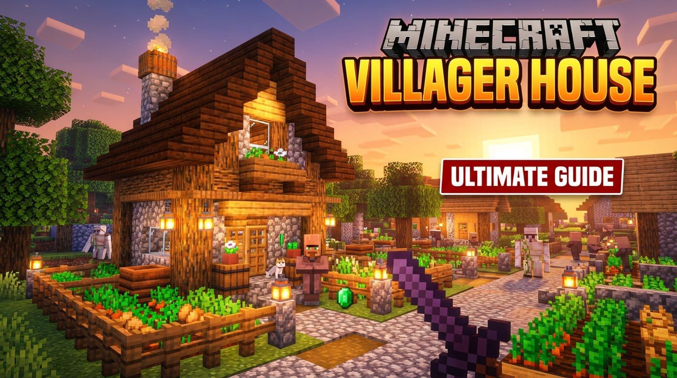 A small, cozy Minecraft villager house with a triangular roof, a wooden door, and a lantern hanging by the entrance.