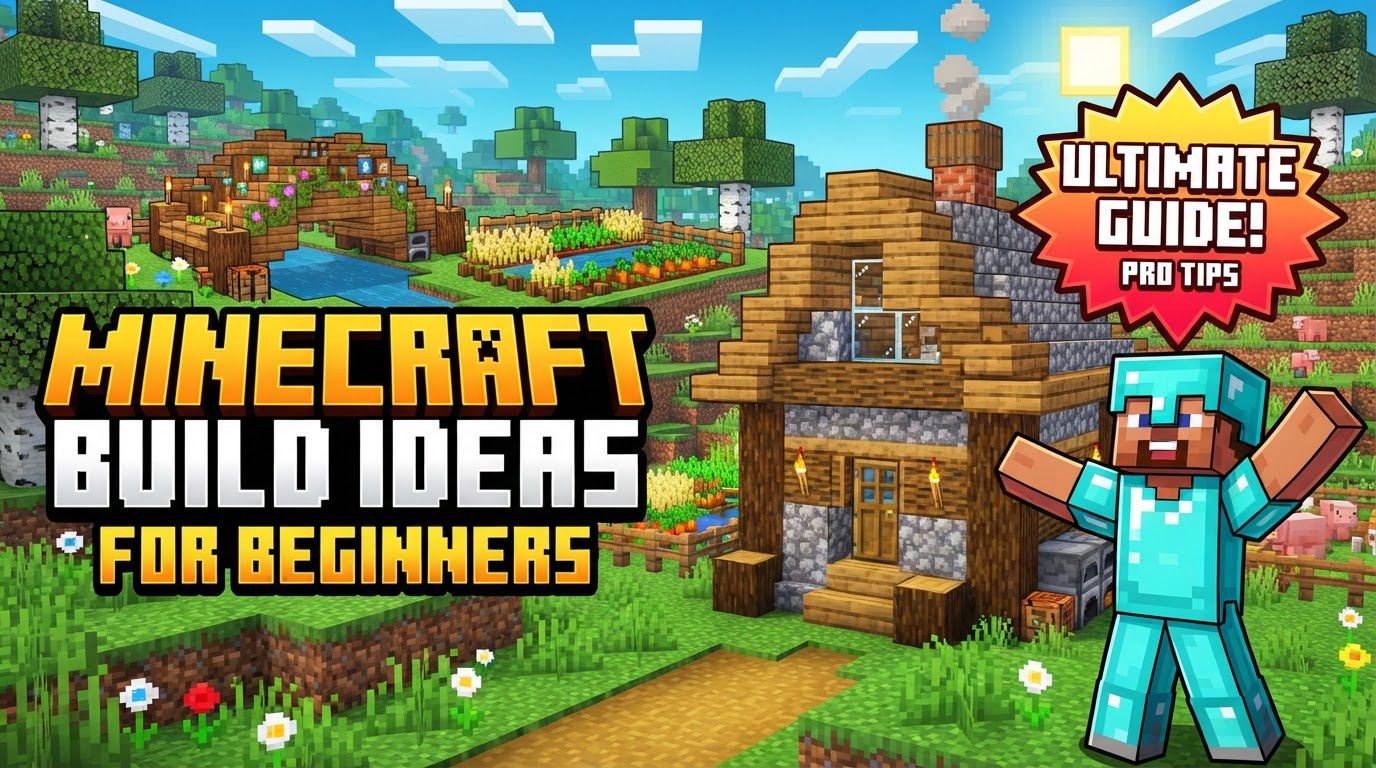 A cozy wooden starter house with a small farm, a mine entrance, and a winding dirt path leading to a small animal pen, all under a clear blue Minecraft sky.